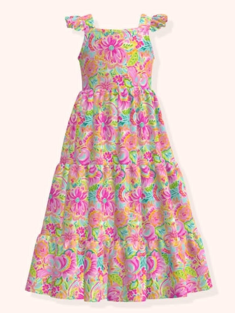 Girls Pink Floral Tiered Maxi Dress with Ruffle Straps P+L=PLUSH SOFT FABRIC NWT